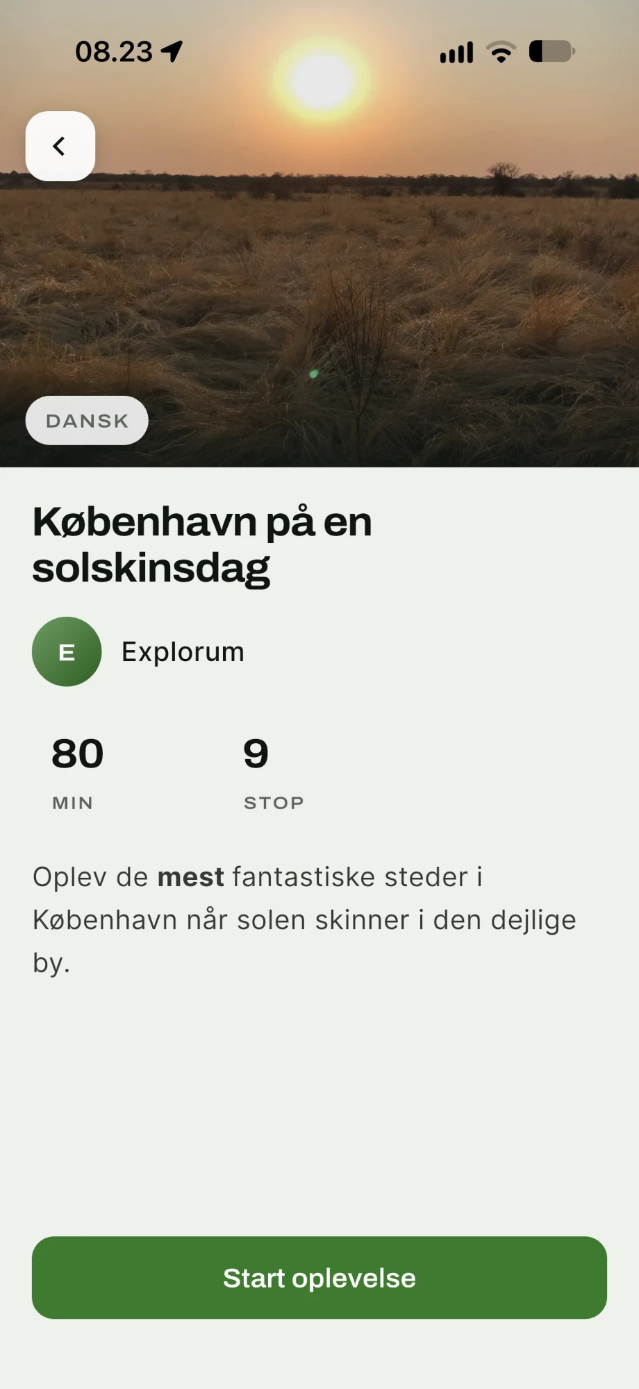Introen til "København på en solskinsdag" i Explorum-appen med varighed, antal stop og knappen Start oplevelse