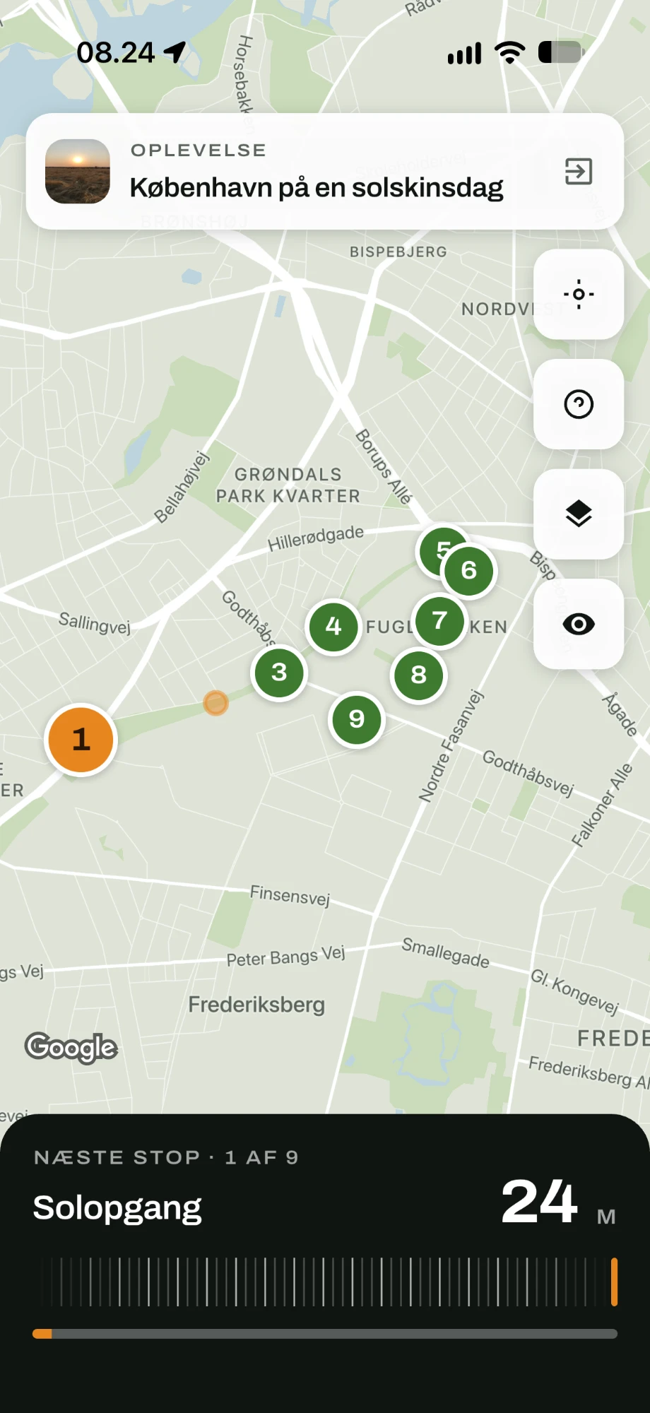 Kortet i appen med oplevelsens ni stop og afstanden til næste stop