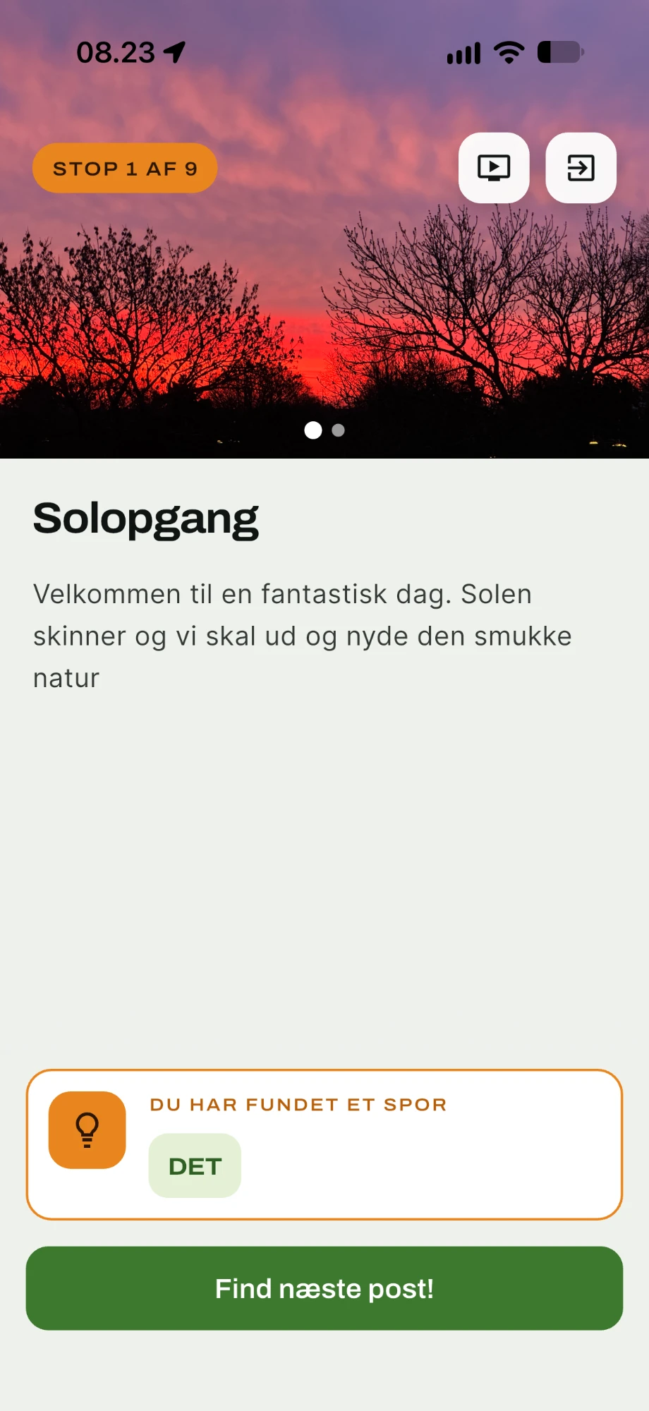 Første post i appen: Solopgang, med tekst, billede og et fundet spor