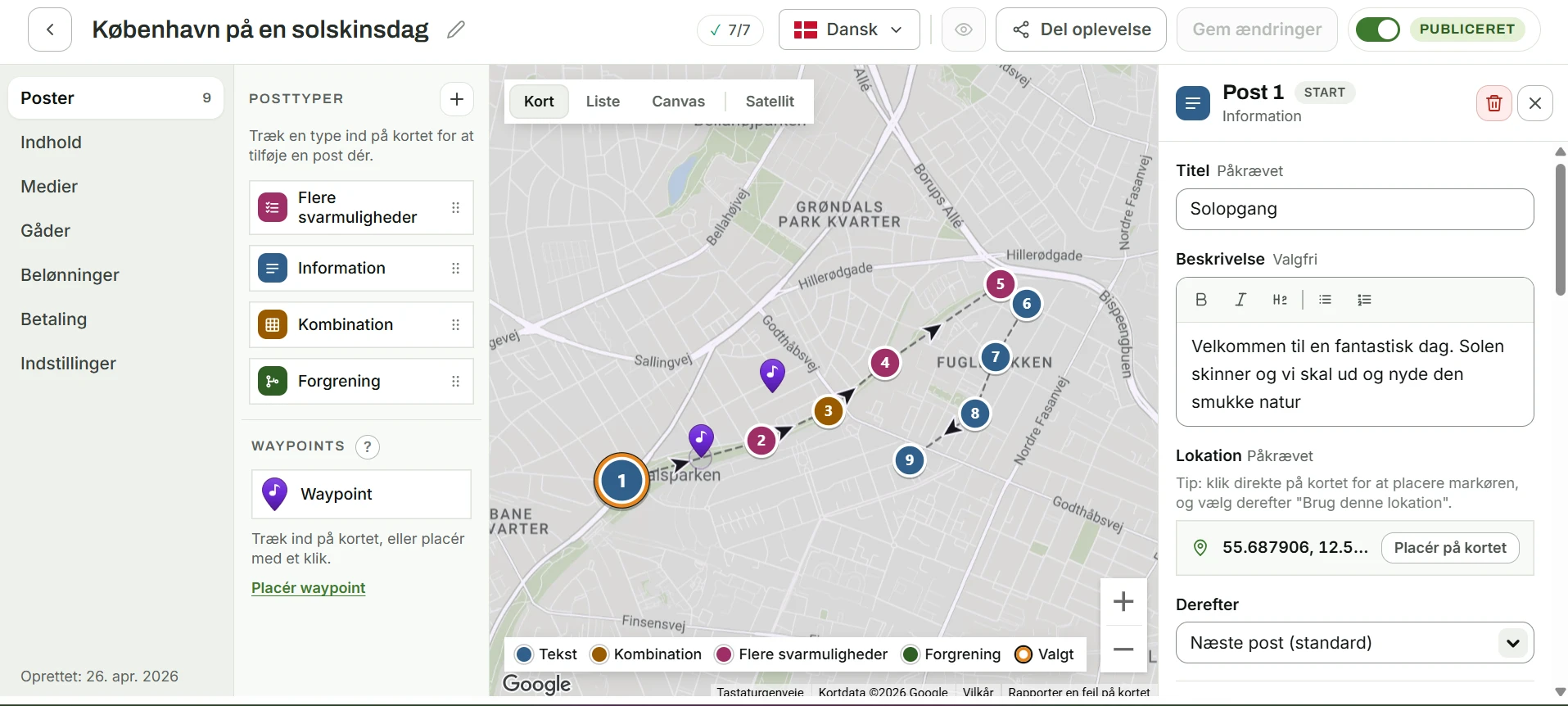 Rute-editoren i Explorum Studio i kortvisning med ni poster forbundet på et kort over København